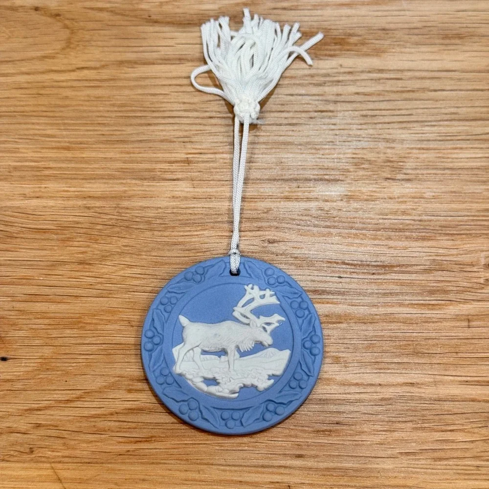 Wedgwood Blue Jasperware Reindeer Christmas Ornament Made in England Medallion
